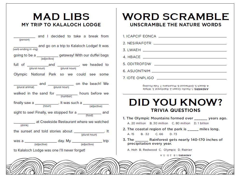 kalaloch kids activity page with word scramble trivia and mad libs