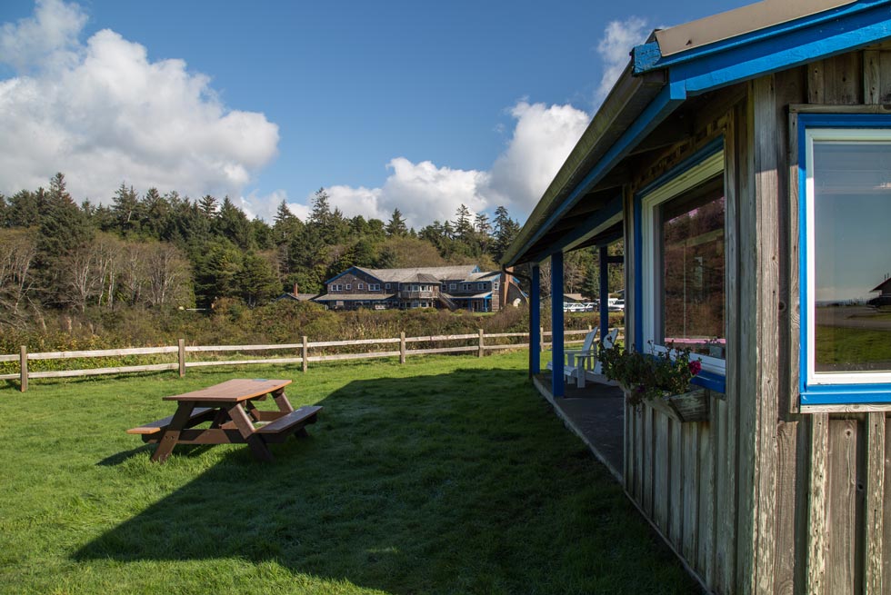 View of Kalaloch Lodge from the cabins on the bluff.